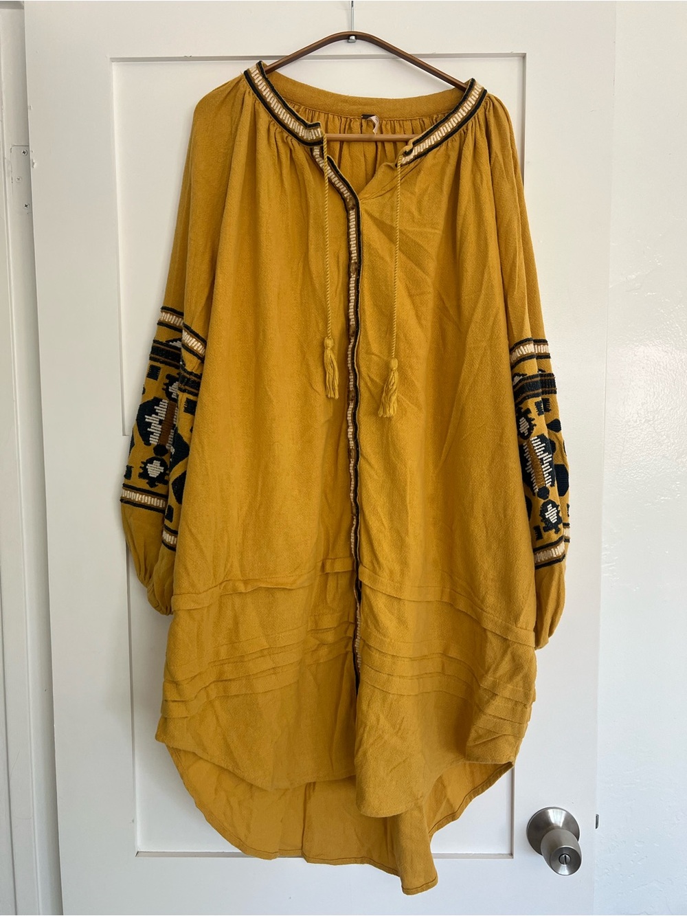 Free People Mustard Embroidered Sleeve Tunic